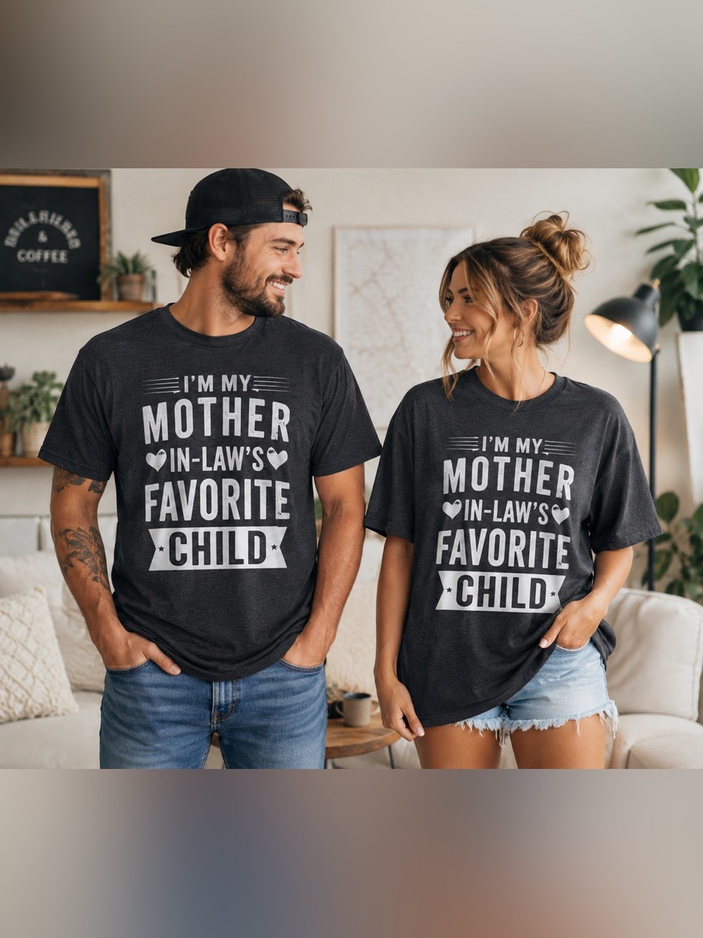 Mother In Law’s Favorite Child Graphic Tee Charcoal Gray Humor Quote Shirt